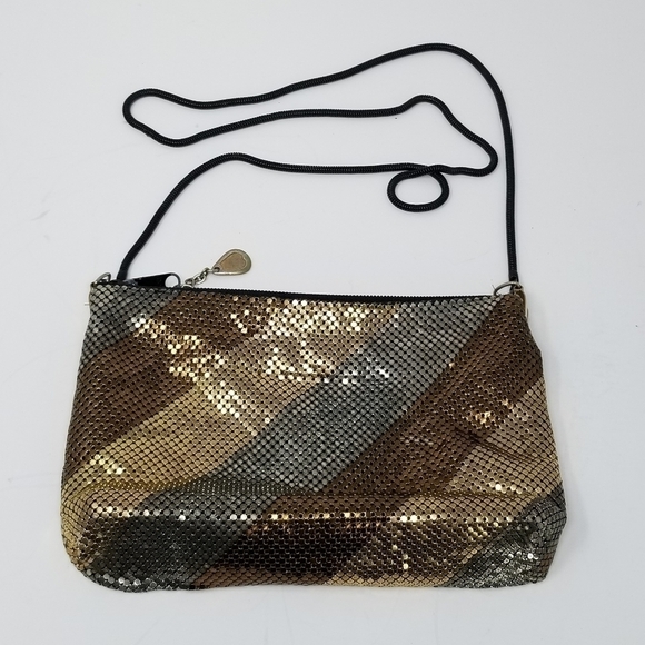 Delill Metal Mesh Crossbody Bag Vintage 80s Color block Stripes Silver Bronze - Picture 2 of 10